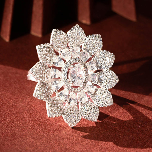 Floral Zircon Studded Silver Ring