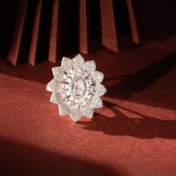 Floral Zircon Studded Silver Ring